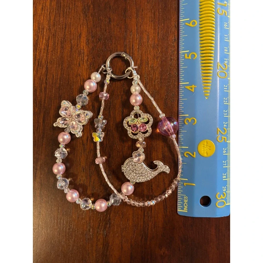 Pink Beaded Bag Charm Keychain Butterfly Whale Rhinestone Coquette Y2K Accessory